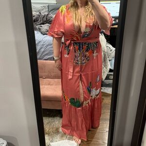 Coral V Cut Layered Sleeve Maxi Dress